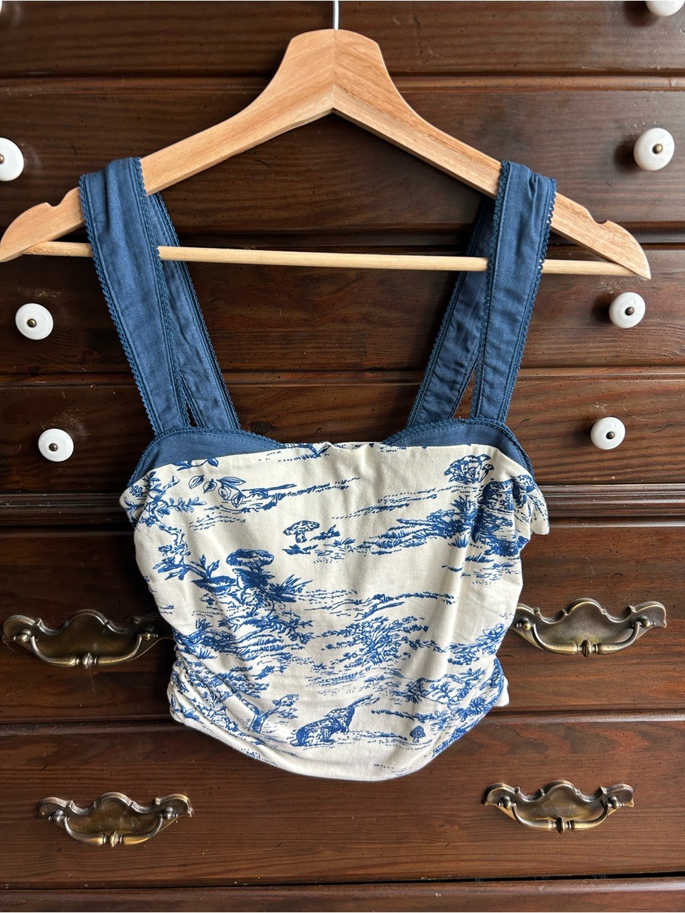 Free People Blue Toile Print Cropped Tank Top with Wide Straps